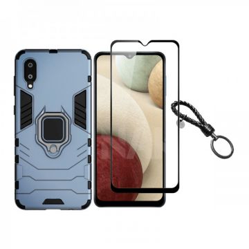 Set protectie 2 in 1 pentru Samsung Galaxy A02 SM-A022 cu husa hybrid antisoc cu stand inel si folie sticla ceramica fullsize si breloc cadou, dark blue