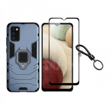 Set protectie 2 in 1 pentru Samsung Galaxy A02S SM-A025 cu husa hybrid antisoc cu stand inel si folie sticla ceramica fullsize si breloc cadou, dark blue