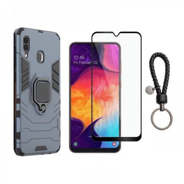Set protectie 2 in 1 pentru Samsung Galaxy A20 / A30 cu husa hybrid antisoc cu stand inel si folie sticla ceramica fullsize si breloc cadou, dark blue