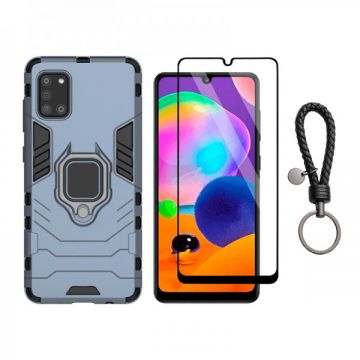 Set protectie 2 in 1 pentru Samsung Galaxy A31 cu husa hybrid antisoc cu stand inel si folie sticla ceramica fullsize si breloc cadou, dark blue