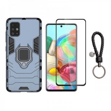 Set protectie 2 in 1 pentru Samsung Galaxy A51 cu husa hybrid antisoc cu stand inel si folie sticla ceramica fullsize si breloc cadou, dark blue