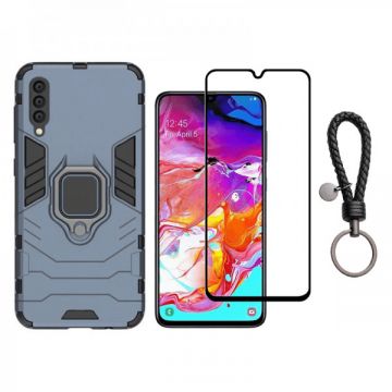 Set protectie 2 in 1 pentru Samsung Galaxy A70 cu husa hybrid antisoc cu stand inel si folie sticla ceramica fullsize si breloc cadou, dark blue