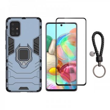 Set protectie 2 in 1 pentru Samsung Galaxy A71 cu husa hybrid antisoc cu stand inel si folie sticla ceramica fullsize si breloc cadou, dark blue