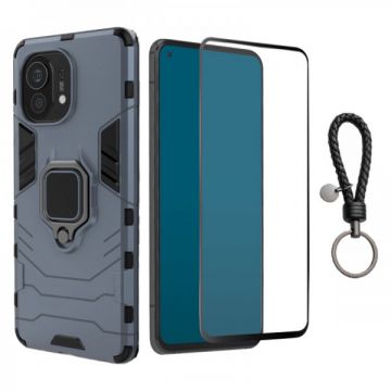 Set protectie 2 in 1 pentru Xiaomi 11T cu husa hybrid antisoc cu stand inel si folie sticla ceramica fullsize si breloc cadou, dark blue