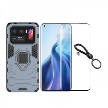 Set protectie 2 in 1 pentru Xiaomi Mi 11 Ultra cu husa hybrid antisoc cu stand inel si folie sticla ceramica fullsize si breloc cadou, dark blue