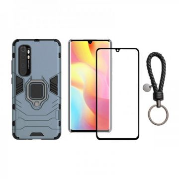 Set protectie 2 in 1 pentru Xiaomi Mi Note 10 Lite cu husa hybrid antisoc cu stand inel si folie sticla ceramica fullsize si breloc cadou, dark blue