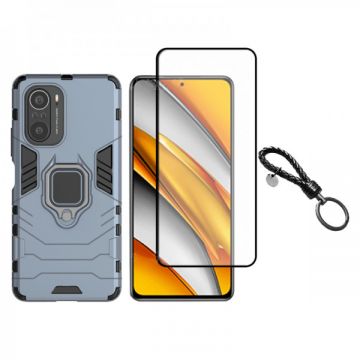 Set protectie 2 in 1 pentru Xiaomi Poco F3 / Redmi K40/ Redmi K40 Pro/ Redmi K40 Pro+ cu husa hybrid antisoc cu stand inel si folie sticla ceramica fullsize si breloc cadou, dark blue