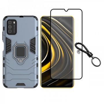 Set protectie 2 in 1 pentru Xiaomi Poco M3 cu husa hybrid antisoc cu stand inel si folie sticla ceramica fullsize si breloc cadou, dark blue