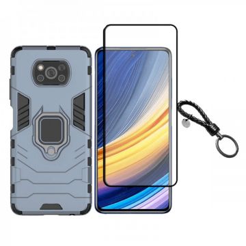 Set protectie 2 in 1 pentru Xiaomi Poco X3 NFC / Poco X3 Pro cu husa hybrid antisoc cu stand inel si folie sticla ceramica fullsize si breloc cadou, dark blue