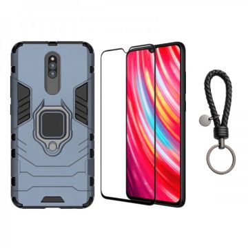 Set protectie 2 in 1 pentru Xiaomi Redmi 8 cu husa hybrid antisoc cu stand inel si folie sticla ceramica fullsize si breloc cadou, dark blue