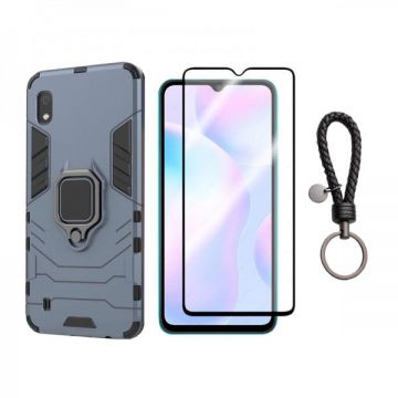 Set protectie 2 in 1 pentru Xiaomi Redmi 9A cu husa hybrid antisoc cu stand inel si folie sticla ceramica fullsize si breloc cadou, dark blue