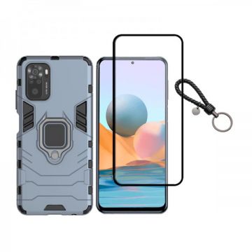 Set protectie 2 in 1 pentru Xiaomi Redmi Note 10 Pro cu husa hybrid antisoc cu stand inel si folie sticla ceramica fullsize si breloc cadou, dark blue