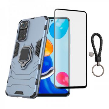 Set protectie 2 in 1 pentru Xiaomi Redmi Note 11 cu husa hybrid antisoc cu stand inel si folie sticla ceramica fullsize si breloc cadou, dark blue