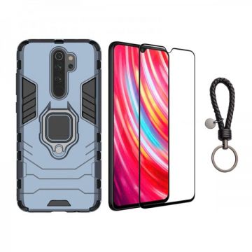 Set protectie 2 in 1 pentru Xiaomi Redmi Note 8 Pro cu husa hybrid antisoc cu stand inel si folie sticla ceramica fullsize si breloc cadou, dark blue