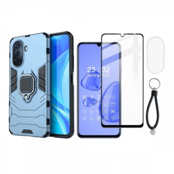 Set protectie 3 in 1 pentru Huawei Nova Y70 (4G) cu husa hybrid antisoc cu stand inel, folie sticla ceramica fullsize, 2 folii sticla pentru camera si breloc cadou, dark blue