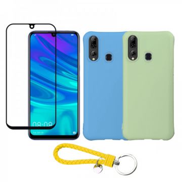 Set protectie 3 in 1 pentru Huawei P Smart Plus 2019 cu 2 huse din silicon moale antisoc, folie sticla ceramica fullsize si breloc cadou, albastru-verde