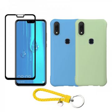 Set protectie 3 in 1 pentru Huawei Y9 2019 cu 2 huse din silicon moale antisoc, folie sticla ceramica fullsize si breloc cadou, albastru-verde