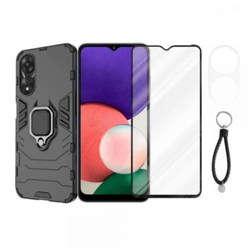 Set protectie 3 in 1 pentru Oppo A78 (5G) cu husa hybrid antisoc cu stand inel, folie sticla ceramica fullsize, folie sticla pentru camera si breloc cadou, negru