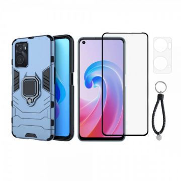 Set protectie 3 in 1 pentru Oppo A96 (4G) cu husa hybrid antisoc cu stand inel, folie sticla ceramica fullsize, 2 folii sticla pentru camera si breloc cadou, dark blue