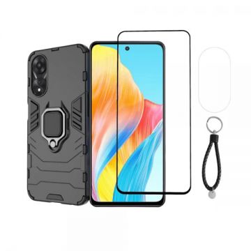 Set protectie 3 in 1 pentru Oppo A98 (5G) cu husa hybrid antisoc cu stand inel, folie sticla ceramica fullsize, folie sticla pentru camera si breloc cadou, negru