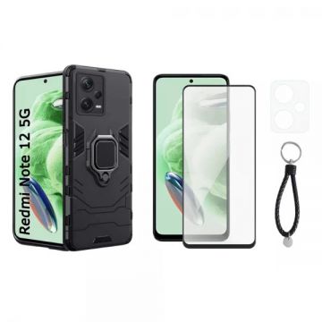 Set protectie 3 in 1 pentru Xiaomi Redmi Note 12 5G cu husa hybrid antisoc cu stand inel, folie sticla ceramica fullsize, folie sticla pentru camera si breloc cadou, negru