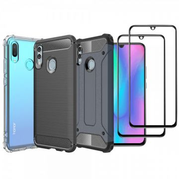Set protectie 5 in 1 pentru Huawei P Smart 2019 / Honor 10 Lite, cu 3 huse antisoc,hybrid si carbon, 2 folii fullsize din ceramica, negru, dark blue, incolor