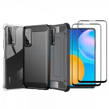 Set protectie 5 in 1 pentru Huawei P Smart 2021, cu 3 huse antisoc,hybrid si carbon, 2 folii fullsize din ceramica, negru, gri, incolor