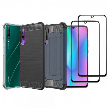 Set protectie 5 in 1 pentru Huawei P Smart Pro 2019/ Honor 9X Pro, cu 3 huse antisoc,hybrid si carbon, 2 folii fullsize din ceramica, negru, dark blue, incolor