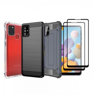 Set protectie 5 in 1 pentru Samsung Galaxy A21S SM-A217, cu 3 huse antisoc,hybrid si carbon, 2 folii fullsize din ceramica, negru, dark blue, incolor