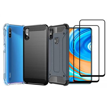 Set protectie 5 in 1 pentru Xiaomi Redmi 9A / 9AT / 9A Sport, cu 3 huse antisoc,hybrid si carbon, 2 folii fullsize din ceramica, negru, dark blue, incolor