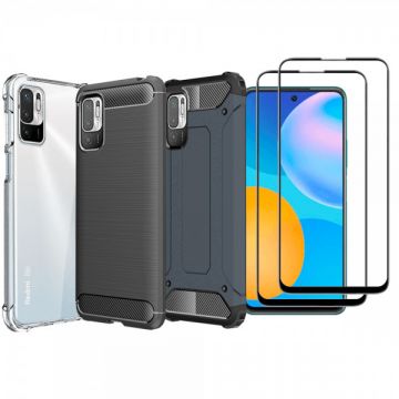 Set protectie 5 in 1 pentru Xiaomi Redmi Note 10 5G, cu 3 huse antisoc,hybrid si carbon, 2 folii fullsize din ceramica, negru, dark blue, incolor