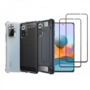 Set protectie 5 in 1 pentru Xiaomi Redmi Note 10 Pro, cu 3 huse antisoc,hybrid si carbon, 2 folii fullsize din ceramica, negru, dark blue, incolor
