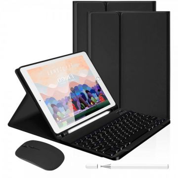 Set 4 in 1 pentru iPad 10.2 inch si 10.5 inch, iPad 9 2021/ 8 2020/ 7 2019, iPad Air 3 2019, iPad Pro 2017 cu husa carte, tastatura bluetooth, mouse wireless si creion stylus pen capacitiv, negru, A2603/ A2604/ A2605/ A2270/ A2428/ A2429/ A2430/ A2197/ A