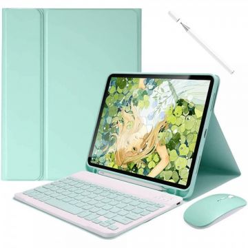 Set 4 in 1 pentru iPad Pro 12.9 2022/2021/2020/2018 cu husa carte, tastatura bluetooth, mouse wireless si creion stylus pen capacitiv, verde deschis, A2436/ A2764/ A2437/ A2766/ A2378/ A2461/ A2379/ A2462/ A2229/ A2069/ A2232/ A2233/ A1876/ A2014/ A1895/