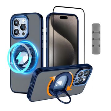 Set Husa MagSafe iPhone 15 Pro Max Techsuit, albastru si Folie sticla Techsuit 111D Full Glue, negru + Organizator cabluri Ringke