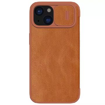 Husa de protectie telefon tip carte din piele ecologica Lether Case compatibila cu iPhone 15, Maro - ES02046
