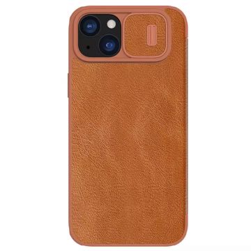 Husa de protectie telefon tip carte din piele ecologica Lether Case compatibila cu iPhone 15 Plus, Maro - ES02043