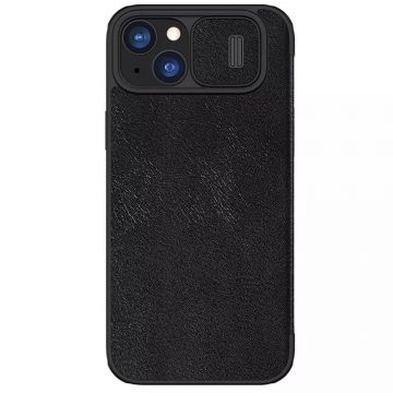Husa de protectie telefon tip carte din piele ecologica Lether Case compatibila cu iPhone 15 Plus, Negru - ES02045