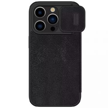 Husa de protectie telefon tip carte din piele ecologica Lether Case compatibila cu iPhone 15 Pro Max, Negru - ES02050