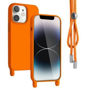 Husa Lemontti Silicon cu Snur compatibila cu iPhone 12 / 12 Pro Portocaliu, protectie 360°, material fin, captusit cu microfibra
