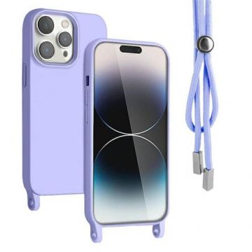 Husa Lemontti Silicon cu Snur compatibila cu iPhone 14 Pro Mov, protectie 360°, material fin, captusit cu microfibra