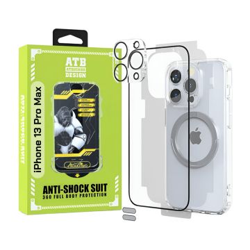 ATB Husa iPhone 13 Pro Max TPU Antisoc - Folie Sticla - Folie Spate - Protectie Camera - Inel Magnetic - Stickere Anti-Praf, Kit 6 in 1 De Protectie