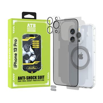 ATB Husa iPhone 13 Pro TPU Antisoc - Folie Sticla Privacy - Folie Spate - Protectie Camera - Inel Magnetic - Stickere Anti-Praf, Kit 6 in 1 De Protectie