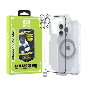 ATB Husa iPhone 15 Pro Max TPU Antisoc - Folie Sticla - Folie Spate - Protectie Camera - Inel Magnetic - Stickere Anti-Praf, Kit 6 in 1 De Protectie