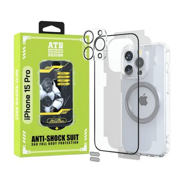 ATB Husa iPhone 15 Pro TPU Antisoc - Folie Sticla - Folie Spate - Protectie Camera - Inel Magnetic - Stickere Anti-Praf, Kit 6 in 1 De Protectie