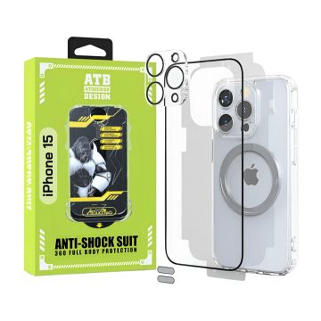 ATB Husa iPhone 15 TPU Antisoc - Folie Sticla - Folie Spate - Protectie Camera - Inel Magnetic - Stickere Anti-Praf, Kit 6 in 1 De Protectie