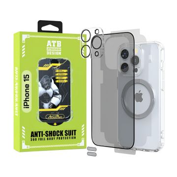 ATB Husa iPhone 15 TPU Antisoc - Folie Sticla Privacy - Folie Spate - Protectie Camera - Inel Magnetic - Stickere Anti-Praf, Kit 6 in 1 De Protectie