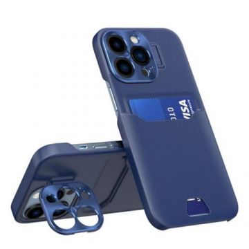 Husa Lemontti Leather Stand compatibila cu iPhone 14 Pro, Albastru, cu suport pentru card