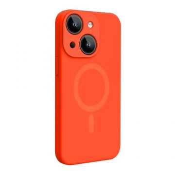 Husa Lemontti Liquid Silicon MagCharge compatibila cu iPhone 15, Portocaliu Neon, protectie 360 grade, material fin, captusit cu microfibra