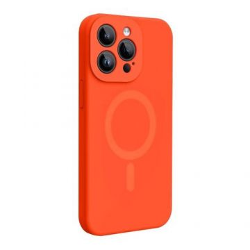 Husa Lemontti Liquid Silicon MagCharge compatibila cu iPhone 15 Pro, Portocaliu Neon, protectie 360 grade, material fin, captusit cu microfibra